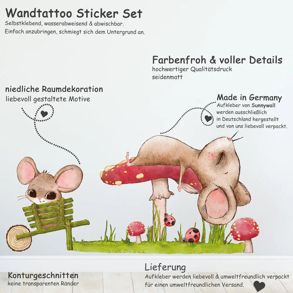 Mäuse und Pilz - Wandtattoo Kinderzimmer Wandaufkleber Babyzimmer Sunnywall