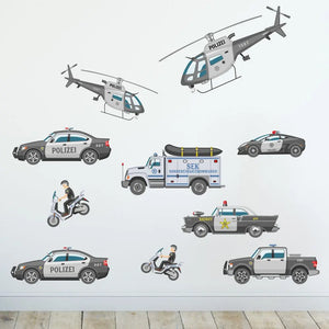 Polizei Fahrzeuge - Wandtattoo Kinderzimmer Baby Wandaufkleber - 3 x A4 Set Sunnywall