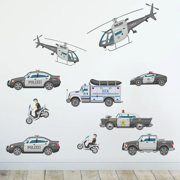 Polizei Fahrzeuge - Wandtattoo Kinderzimmer Baby Wandaufkleber - 3 x A4 Set Sunnywall