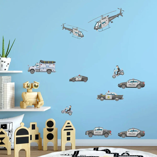 Polizei Fahrzeuge - Wandtattoo Kinderzimmer Baby Wandaufkleber - 3 x A4 Set Sunnywall