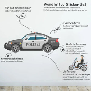 Polizei Fahrzeuge - Wandtattoo Kinderzimmer Baby Wandaufkleber - 3 x A4 Set Sunnywall