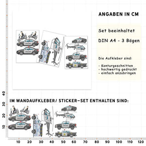 Polizei Fahrzeuge - Wandtattoo Kinderzimmer Baby Wandaufkleber - 3 x A4 Set Sunnywall
