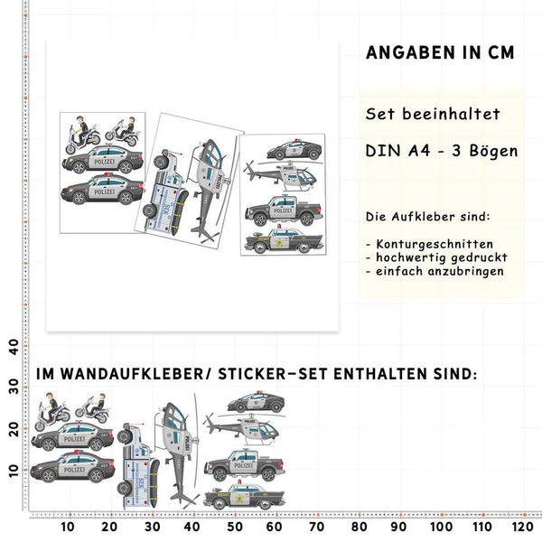 Polizei Fahrzeuge - Wandtattoo Kinderzimmer Baby Wandaufkleber - 3 x A4 Set Sunnywall