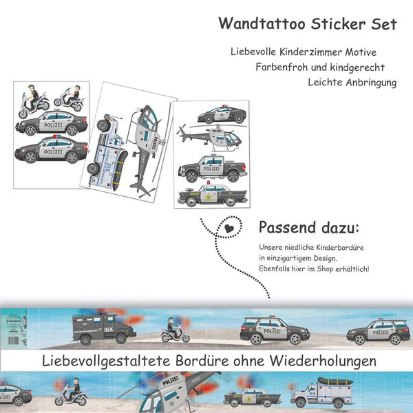 Polizei Fahrzeuge - Wandtattoo Kinderzimmer Baby Wandaufkleber - 3 x A4 Set Sunnywall