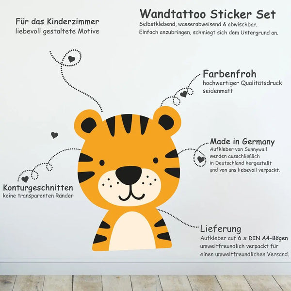 Tiere Wildtiere - Wandtattoo Kinderzimmer Baby Wandaufkleber - 6 x A4 Set Sunnywall