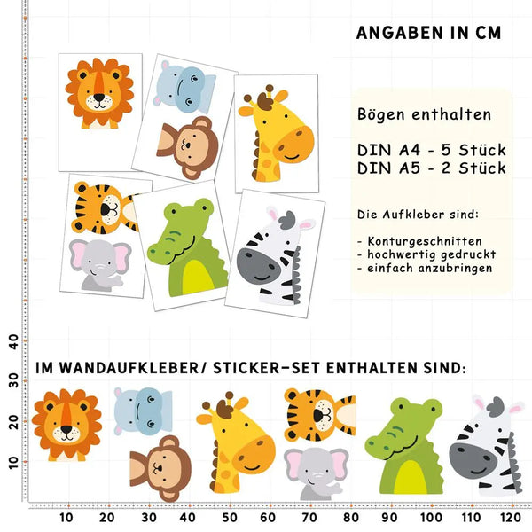 Tiere Wildtiere - Wandtattoo Kinderzimmer Baby Wandaufkleber - 6 x A4 Set Sunnywall