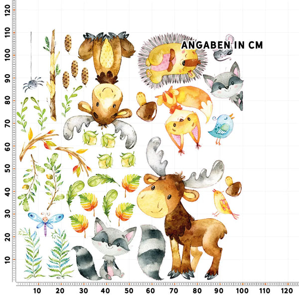 Waldtiere WandtattooXXL Set | Kinderzimmer Aufkleber bunt Wanddeko | Elch Fuchs Igel Waschbär Vogel Set Sunnywall