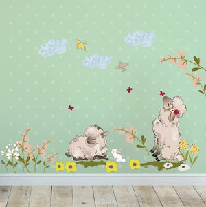 Wandtattoo Aufkleber - Verliebte Schafe auf Blumenfeld Sunnywall