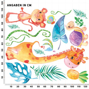Wandtattoo Dschungel Afrika  XXL Set | Kinderzimmer Aufkleber bunt Wanddeko | Schildkröte Giraffe Affe Sunnywall