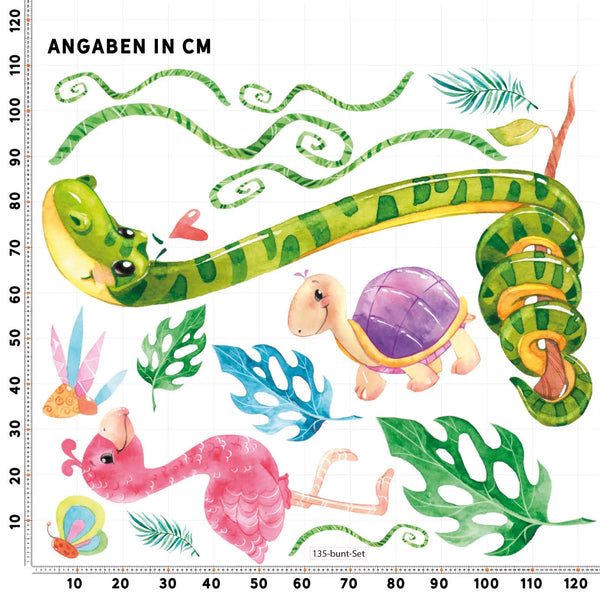 Wandtattoo Dschungel XXL Set | Kinderzimmer Aufkleber bunt Wanddeko | Schlange Schildkröte Flamingo Sunnywall