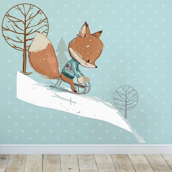 Wandtattoo - Fuchs auf Schlitten im Schnee Winter Aufkleber Sticker Sunnywall