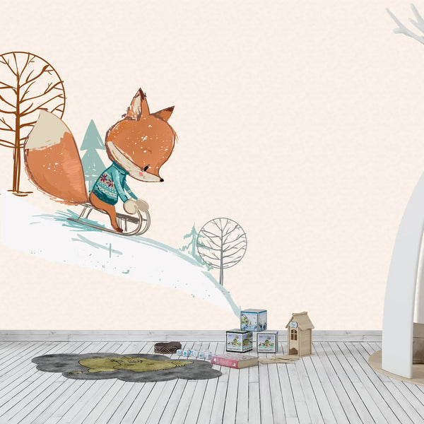 Wandtattoo - Fuchs auf Schlitten im Schnee Winter Aufkleber Sticker Sunnywall