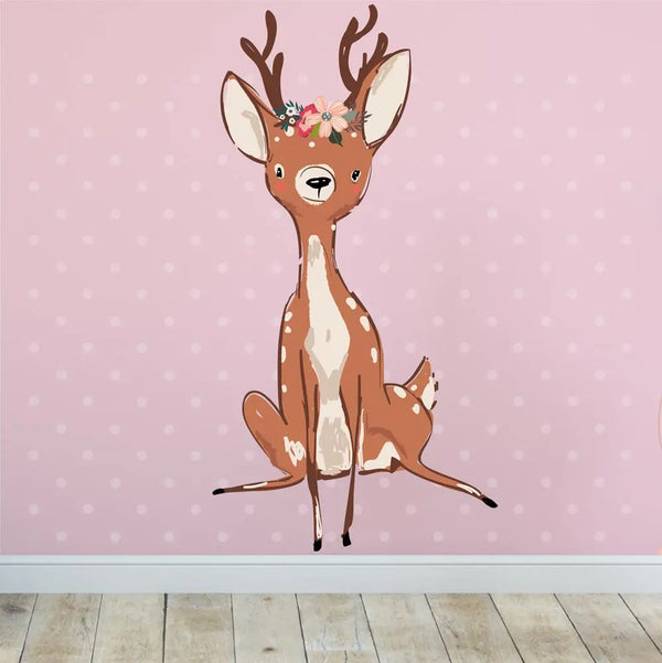 Wandtattoo - Kleiner Hirsch mit Blumenkranz - Wandsticker Aufkleber Sunnywall