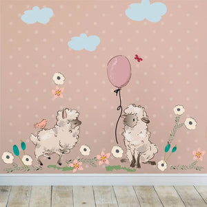 Wandtattoo - Schafe mit Wolken und Blumen Aufkleber Sunnywall
