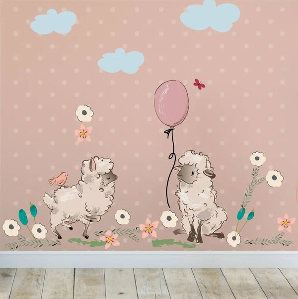 Wandtattoo - Schafe mit Wolken und Blumen Aufkleber Sunnywall