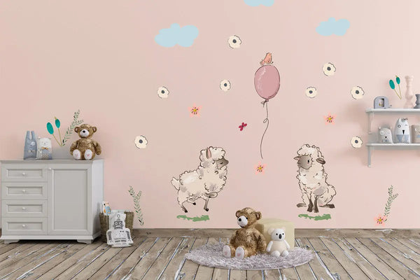 Wandtattoo - Schafe mit Wolken und Blumen Aufkleber Sunnywall