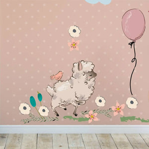 Wandtattoo - Schafe mit Wolken und Blumen Aufkleber Sunnywall