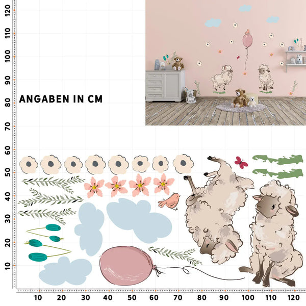 Wandtattoo - Schafe mit Wolken und Blumen Aufkleber Sunnywall