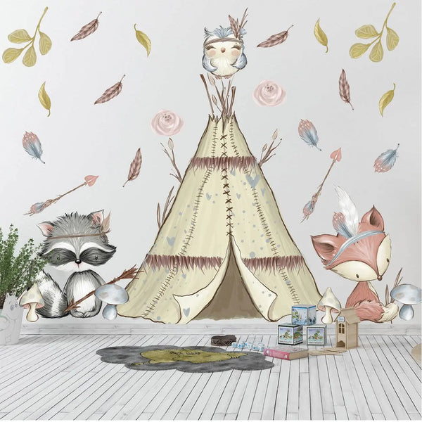 Wandtattoo Set | Waldtiere Indianer | Fuchs Eule Waschbär Sunnywall