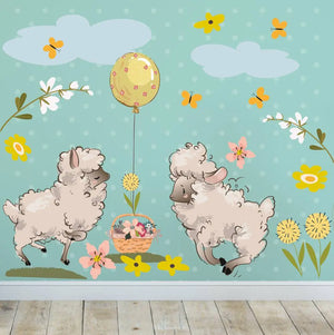 Wandtattoo - Spielende Schafe auf Blumenwiese Sunnywall