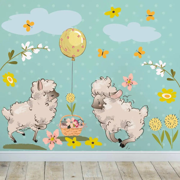 Wandtattoo - Spielende Schafe auf Blumenwiese Sunnywall