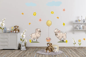 Wandtattoo - Spielende Schafe auf Blumenwiese Sunnywall