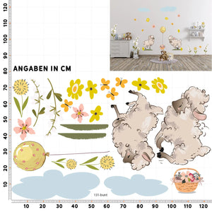 Wandtattoo - Spielende Schafe auf Blumenwiese Sunnywall