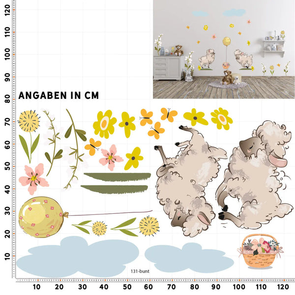 Wandtattoo - Spielende Schafe auf Blumenwiese Sunnywall