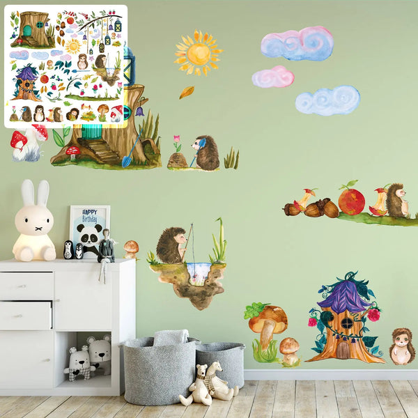 Wandtattoo XXL Set | Igelfamilie mit Heim | Waldtiere Igel Herbst Sunnywall