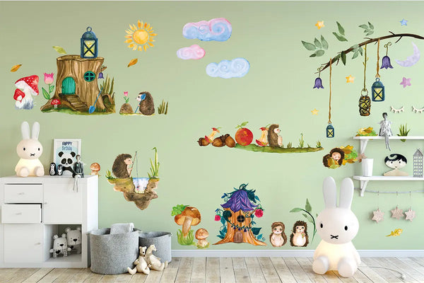 Wandtattoo XXL Set | Igelfamilie mit Heim | Waldtiere Igel Herbst Sunnywall