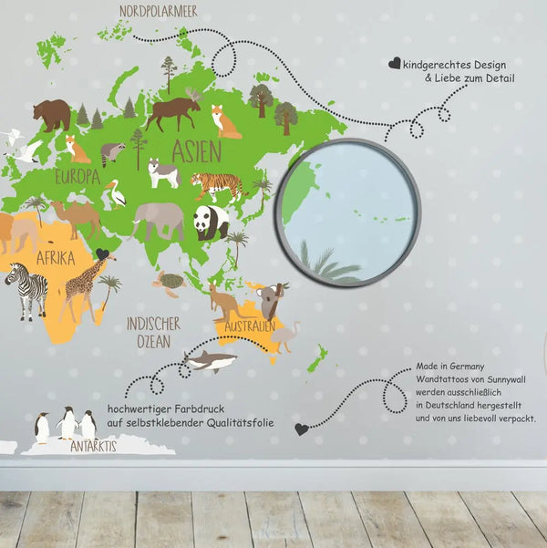 Weltkarte Kinder mit Tieren - XXL Wandtattoo Wandsticker Sunnywall