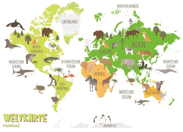 Weltkarte Kinder mit Tieren - XXL Wandtattoo Wandsticker Sunnywall