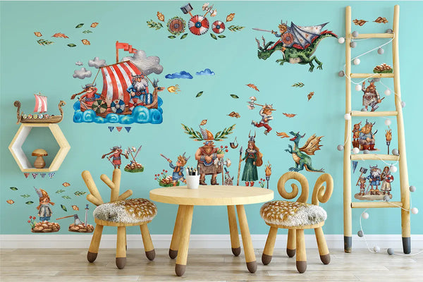 Wikingerzimmer Wandtattoo XXL Set | Kinderzimmer Aufkleber bunt Wanddeko Sunnywall