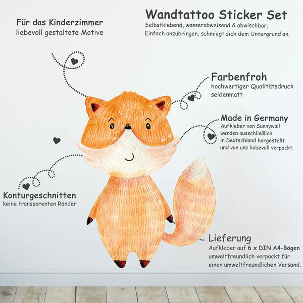 Woodland - Wandtattoo Kinderzimmer Baby Wandaufkleber - 6 x A4 Set Sunnywall