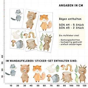 Woodland - Wandtattoo Kinderzimmer Baby Wandaufkleber - 6 x A4 Set Sunnywall