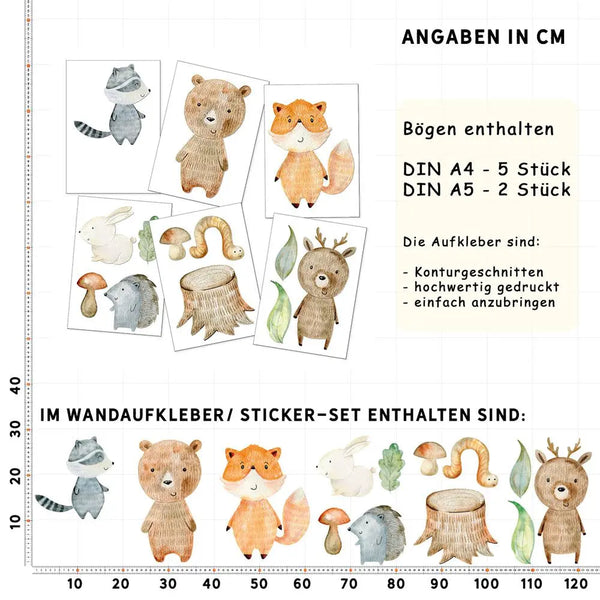 Woodland - Wandtattoo Kinderzimmer Baby Wandaufkleber - 6 x A4 Set Sunnywall