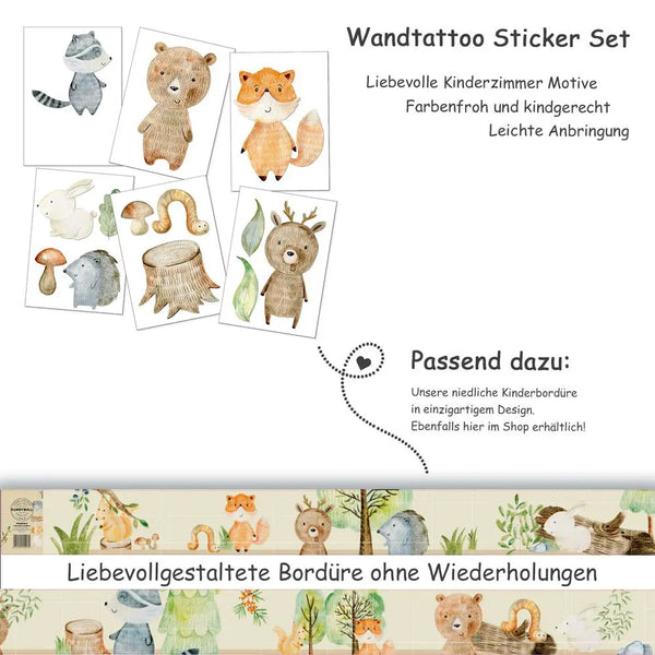 Woodland - Wandtattoo Kinderzimmer Baby Wandaufkleber - 6 x A4 Set Sunnywall