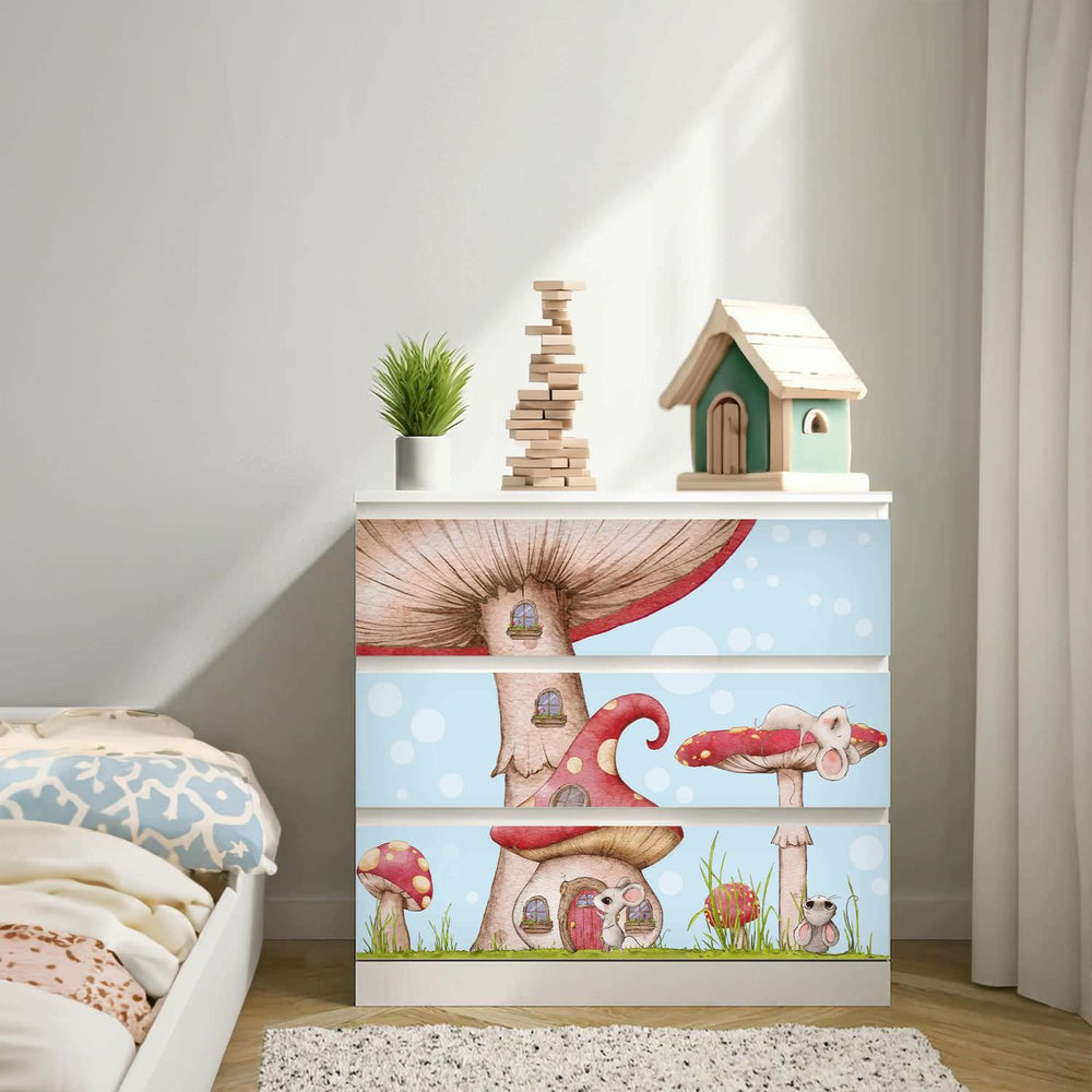 Möbelfolie passend für IKEA Malm Kommode Maus auf Pilz Schrankfolie - Sunnywall - Individualität trifft Design
