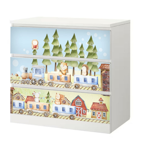 Möbelfolie passend für IKEA Malm Kommode Waldtiere mit Zug Schrankfolie - Sunnywall - Individualität trifft Design