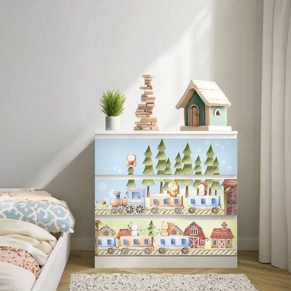 Möbelfolie passend für IKEA Malm Kommode Waldtiere mit Zug Schrankfolie - Sunnywall - Individualität trifft Design