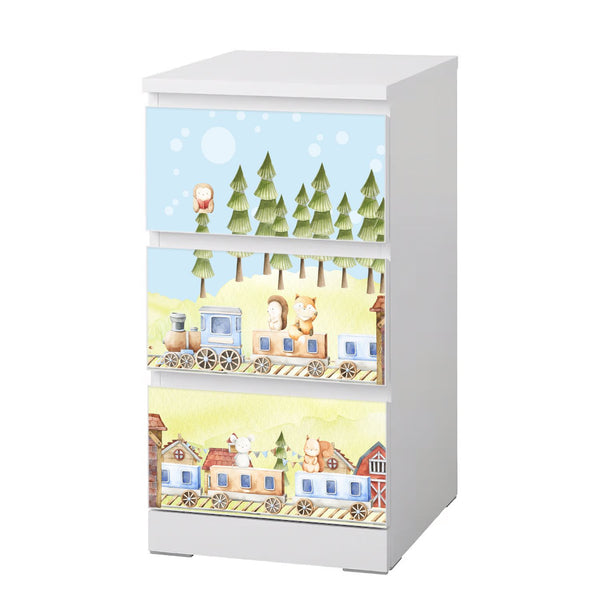 Möbelfolie passend für IKEA Malm Kommode Waldtiere mit Zug Schrankfolie - Sunnywall - Individualität trifft Design