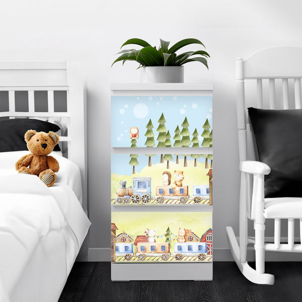 Möbelfolie passend für IKEA Malm Kommode Waldtiere mit Zug Schrankfolie - Sunnywall - Individualität trifft Design