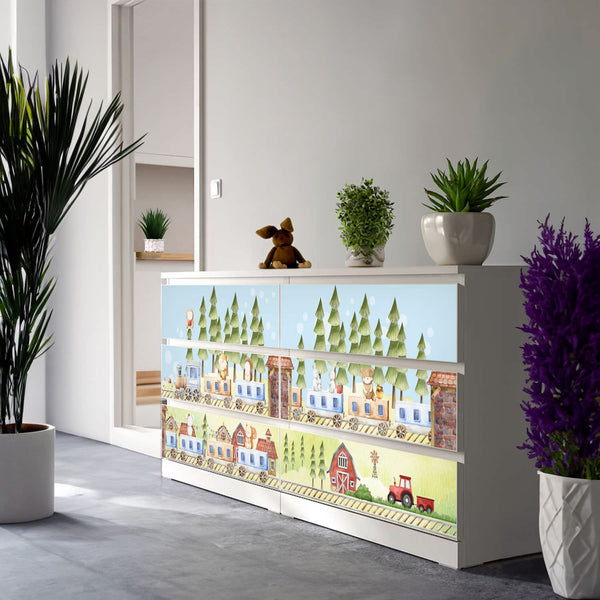 Möbelfolie passend für IKEA Malm Kommode Waldtiere mit Zug Schrankfolie - Sunnywall - Individualität trifft Design