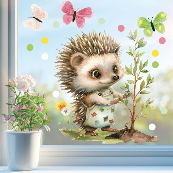 Fensterbild A4 Gärtnerin Igel im Blütenzauber | B-Ware - Sunnywall - Individualität trifft Design