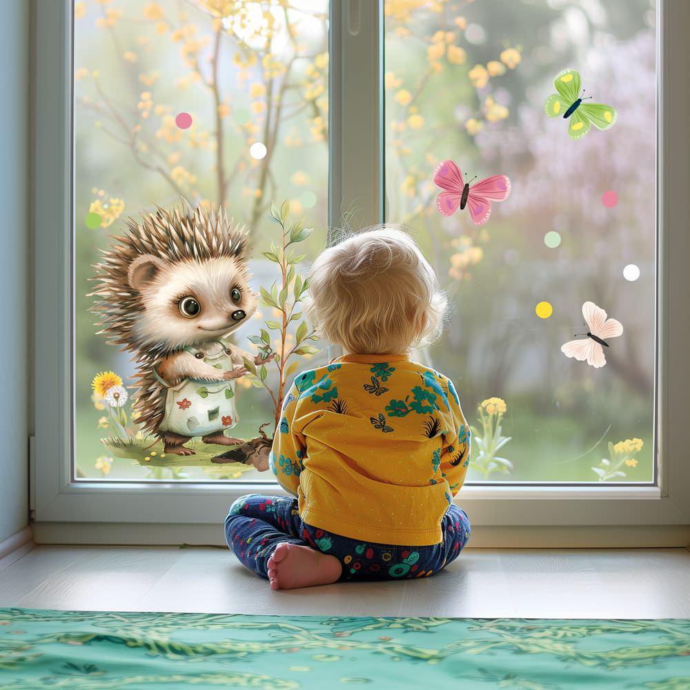 Fensterbild A4 Gärtnerin Igel im Blütenzauber | B-Ware - Sunnywall - Individualität trifft Design