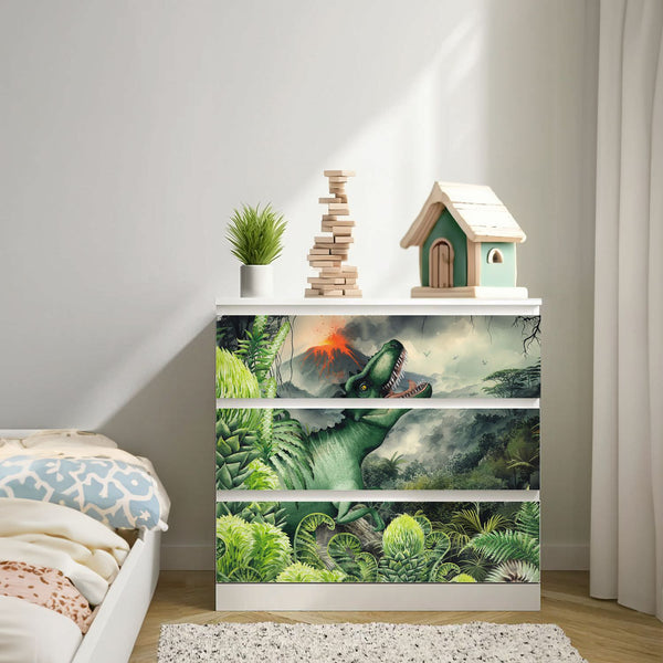 Möbelfolie passend für IKEA Malm Kommode Dinosaurier T-Rex Schrankfolie - Sunnywall - Individualität trifft Design