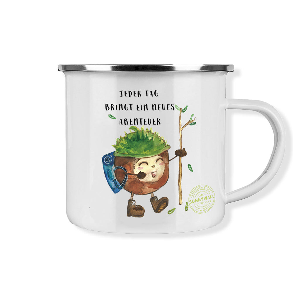 Campingbecher Emailletasse Tasse - Kastanie Jeder Tag bringt ein neues Abenteuer - Sunnywall - Individualität trifft Design
