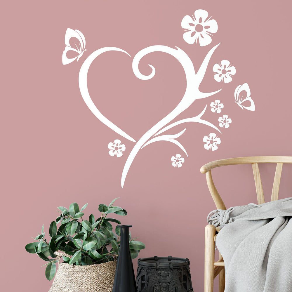 Wandtattoo – Herz mit Hibiskus Blüten & Schmetterling | Love & Liebe als romantische Wanddekoration - Sunnywall - Individualität trifft Design