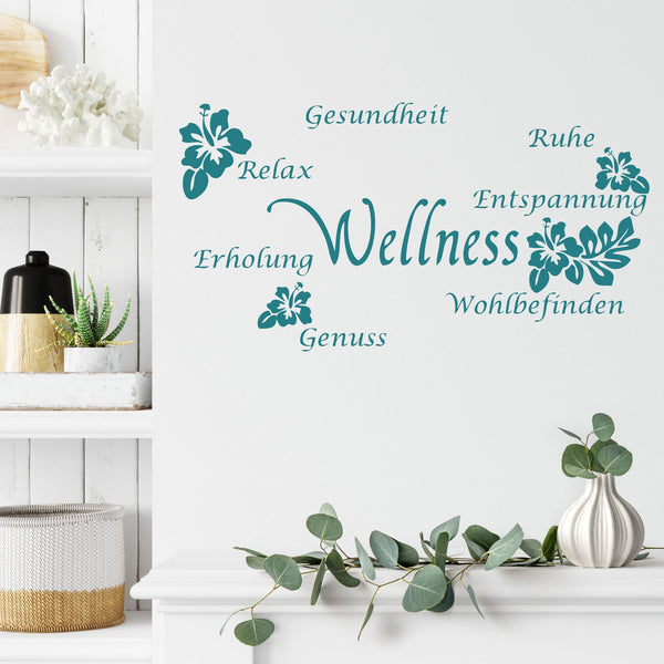Wandtattoo Wellness & Gesundheit mit Hibiskus Blüten und Textzug | Erholsame Wanddekoration für das Badezimmer - Sunnywall - Individualität trifft Design