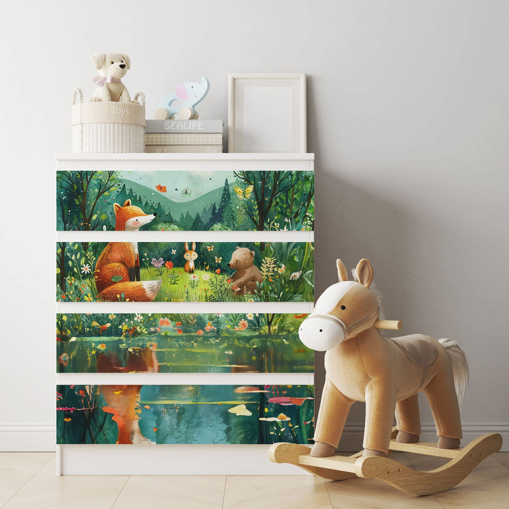 Möbelfolie passend für IKEA Malm Kommode Waldtiere am See Schrankfolie - Sunnywall - Individualität trifft Design